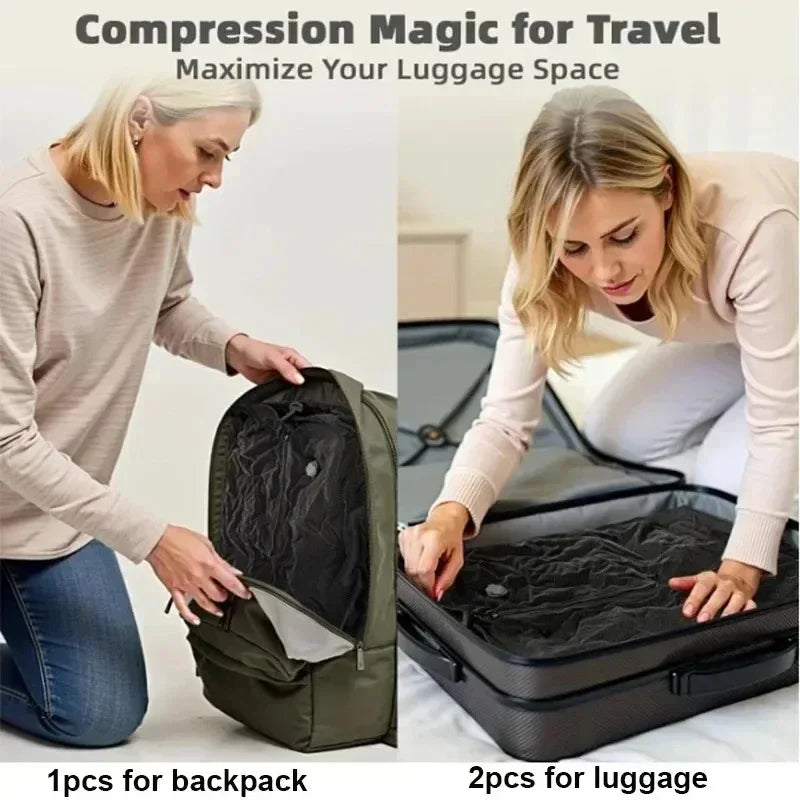 Compression magic product for backpack and luggage with a woman demonstrating its use.