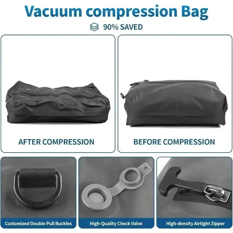 Vacuum compression bag before and after compression with product features highlighted.
