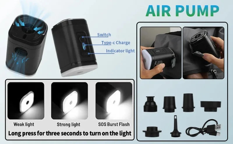 Air pump with light features and usage instructions on a blue background
