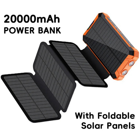 20000mAh Solar Power Bank with Foldable Panels and Wireless Charging – Portable Charger for Smartphones and Tablets