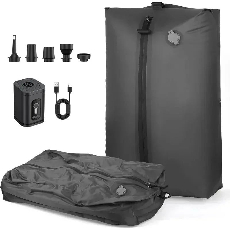 Set of black inflatable bags with accessories on a white background