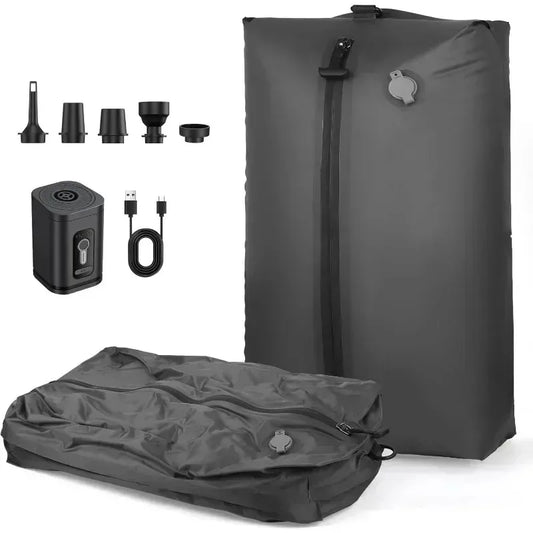 Set of black inflatable bags with accessories on a white background